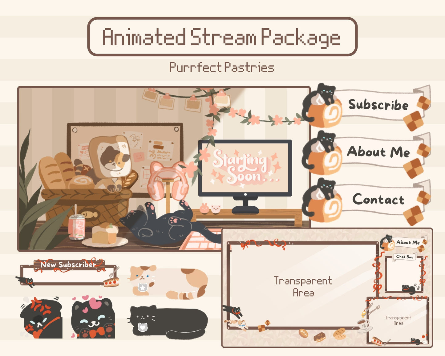 Purrfect Pastries | Animated Stream Pack | Animated Twitch Overlay