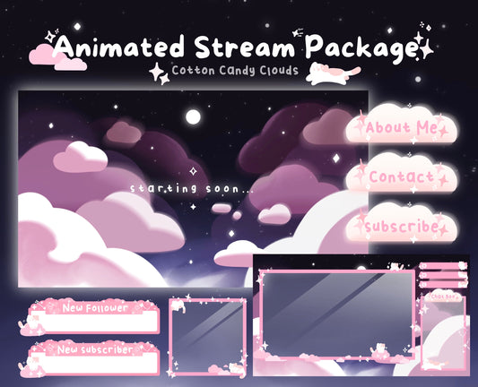 Cotton Candy Clouds, Pink | Animated Stream Pack | Animated Twitch Overlay
