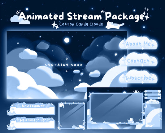 Cotton Candy Clouds, Blue | Animated Stream Pack | Animated Twitch Overlay