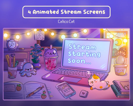 Calico Cat | 4 Animated Stream Screens