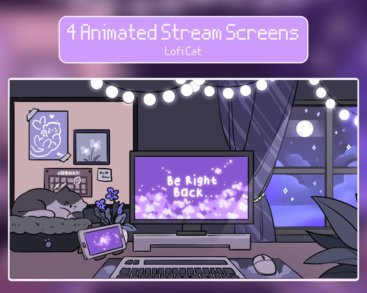 Lofi Cat | 4 Animated Stream Screens